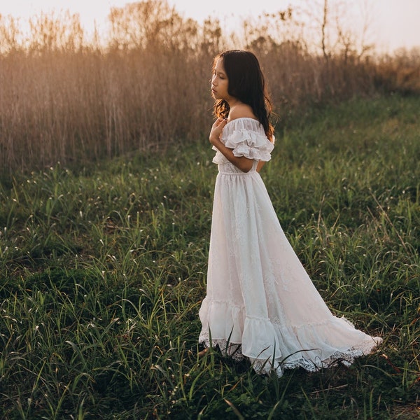 Junior Bridesmaid Dress Boho, Hippie Flower Girl Dress, Country Lace Dress, White Off Shoulder Maxi Dress, Boho Birthday Dress, ANABELLE