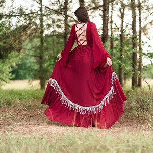 Hippie Engagement Maxi Dress Women Photoshoot Dress Long Flowy Chiffon Gown Unique Non Traditional Wedding Dress Wine Burgundy Dress  CAPREE