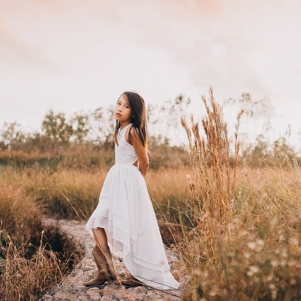 High Low Flower Girl Dresses, Bohemian Girl Maxi Dress, Flowy Beach Dresses, Toddler Photoshoot Dress, Boho Jr Bridesmaid Dresses,  BREEZY