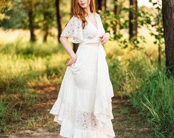 Casual Beach Elopement Dress Outdoor Backyard Wedding Dress Off White Long Cotton & Lace Maxi Dress Country Cottagecore Plus Size HAVEN