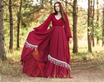 Celtic Fairy Dress Engagement Photo Maxi Dress Unique Non Traditional Bridal Gown Burgundy Red Fringe Lace Chiffon Backless Gown CAPREE