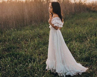 Junior Bridesmaid Dress Boho, Hippie Flower Girl Dress, Country Lace Dress, White Off Shoulder Maxi Dress, Boho Birthday Dress, ANABELLE