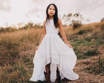 Rustic Flower Girl Twirl Dress Bohemian Flower Girl High Low Dress Vintage Lace Birthday Photoshoot Photography Dress, BREEZY