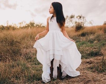 Bohemian Lace Tween High Low Lace Dress White Flower Girl Toddler