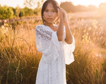 Beach Boho Flower Girl Dress, Girl Toddler White Lace Dress, Girls Bohemian Maxi Dress, Shabby Chic Junior Bridesmaid Dress, OPHELIA