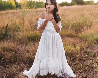 Bohemian Beach Flower Girl White Lace Dresses Girl Toddler Boho Off Shoulder Maxi Dress Junior Bridesmaid Dress ANABELLE