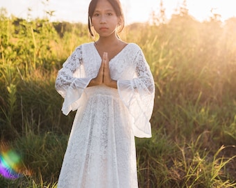 White Lace Baptism Dress Toddler Girl Boho Vintage Lace Holy First Communion Maxi Dress with Ruffle Sleeves OPHELIA