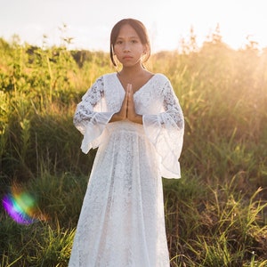 White Lace Baptism Dress for Girls Vintage Baptism Gown LDS Baptism Dress Toddler Boho Lace Maxi Dress with Bell Sleeves OPHELIA