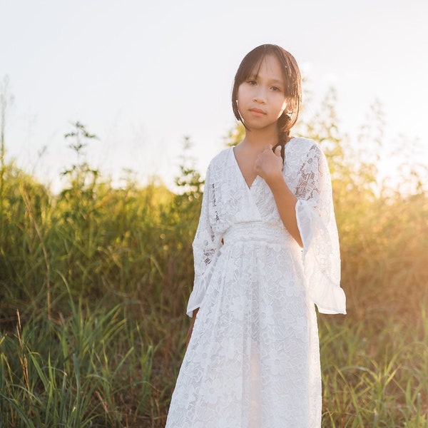 Bohemian Girl Dress, Romantic Lace Flower Girl Dress, LDS Lace Baptism Dress, Boho Holy Communion Dress, Bell Sleeve Dress, OPHELIA