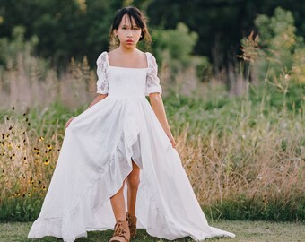 Girls Dress for Photo Shoot, Kids Boho Lace Dress, High Low Flower Girl Dress Beach Wedding, Puff Sleeve Winter Maxi Dress, LEIGHTON