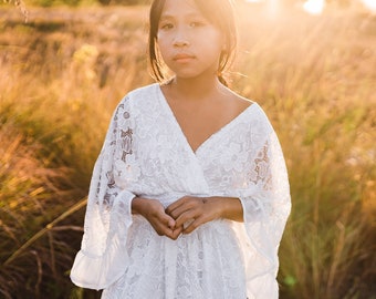 Boho Flower Girl Dress, White Lace Dress, Rustic Flower Girl, First Communion Dress, Girls Couture Dress, Girls Maxi Dress, OPHELIA