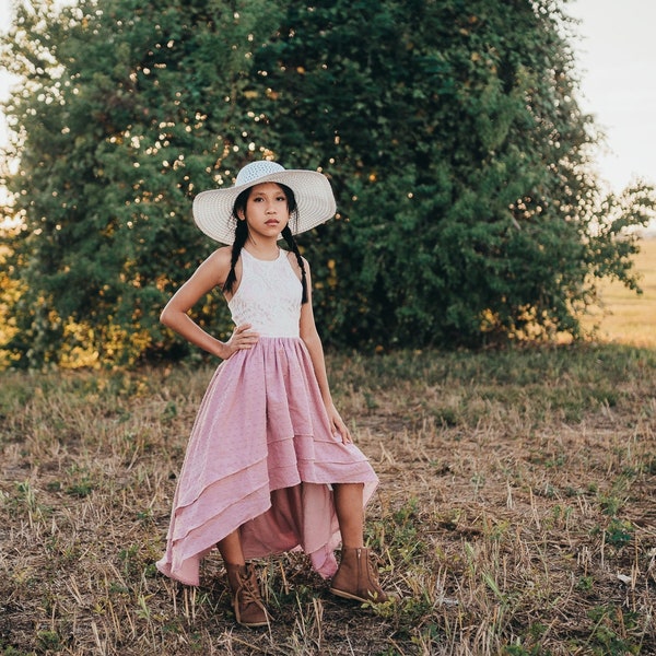 Spring Junior Bridesmaid Dress, Flower Girl Dress Mauve Pink, Backless Dress, Boho Hippie Maxi Dress, Photography Dress, High Low, BREEZY