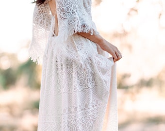 Boho Elopement Maxi Dress | Vintage Lace Wedding Dress with Fringe Sleeves | Slim Bridal Dress | Backyard Wedding Dress | Florence