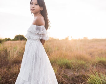 White Flower Girl Dress, White Lace Dress, Rustic Flower Girl, First Communion Dress, Girls Couture Dress, Girls Maxi Dress, ANABELLE