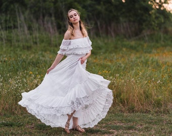 Bohemian Hippie Vow Renewal Dress, Vintage Inspired Lace Maxi Dress, Simple Boho Wedding Dress, Mexican Wedding Dress, ANABELLE