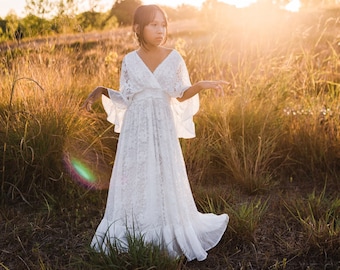 Abito da ragazza di fiori in pizzo, abito da prima comunione, abito Boho, abito in pizzo per ragazze, abito maxi per ragazze, abito in pizzo bianco vintage, OPHELIA