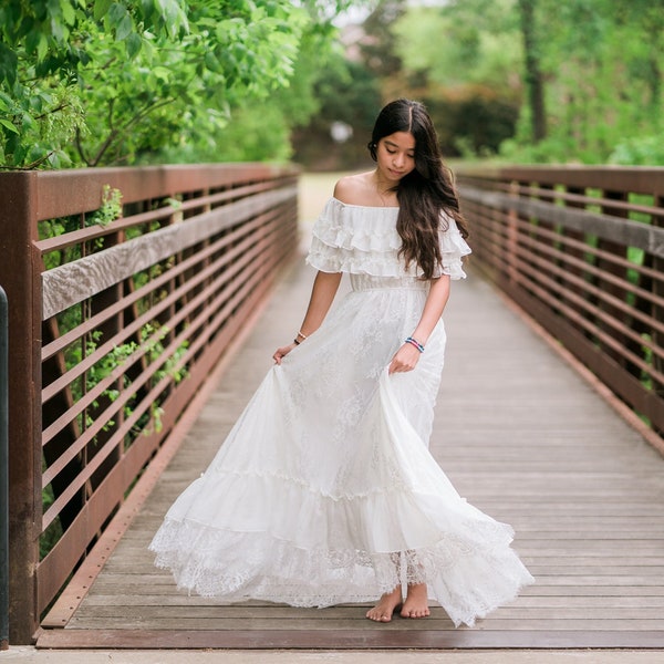 Rustic Tween Lace Dress, Vintage Style Flower Girl Dress, Off the Shoulder Ruffle Lace Dress, Kids High Low Maxi Dress, Victorian, ANABELLE