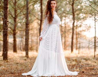 Romantic Wedding Dress with Long Sleeves | Plus Size Off Shoulder Bridal Gown | Vintage Off White Lace Wedding Gown | RTS | Angelica