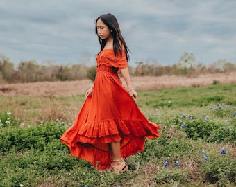 Orange Yellow High Low Ruffle Dress for Girls Toddlers Tweens Bohemian Rustic Flower Girl Dress Summer Fall Photoshoot Maxi Dress ISLA