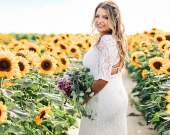 Wedding Dress Plus Size, Curvy Bridal Dress, Unique Open Back Elopement Dress, Fit and Flared Wedding Dress, Fitted Lace Dress, ARIELLE