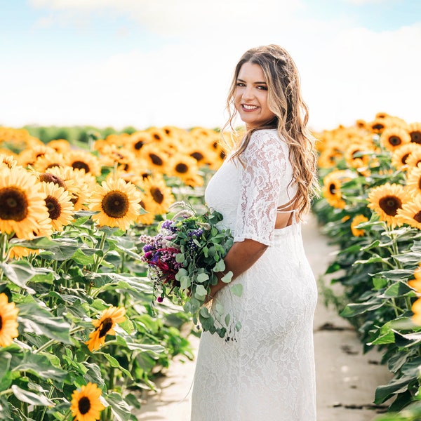 Zomertuin trouwjurk | Vrouwelijke kanten grote maat bruidsjurk | Lange getailleerde elegante verlovingsjurk met open rug | Lopende jurk ARIELLE