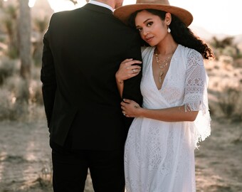 Boho Country Wedding Dress |  Western Fringe Wedding Dress | Vintage Lace Bridal Dress | Deep V Neck Open Back | Casual Lace Dress FLORENCE