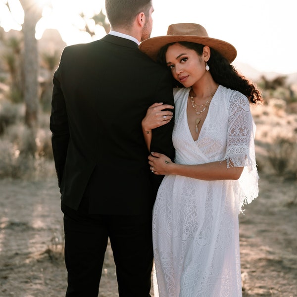 Boho Country Wedding Dress |  Western Fringe Wedding Dress | Vintage Lace Bridal Dress | Deep V Neck Open Back | Casual Lace Dress FLORENCE