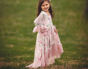 Boho Girl Birthday Dress | 6th 7th 8th Birthday Outfit | Blush Floral Garden Party Dress | Little Girl Fancy Ruffle Dress |  English Rose