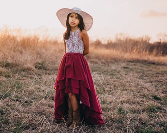 Burgundy Lace Junior Bridesmaid Dress, Boho Flower Girl High Low Dress, Off Shoulder Bohemian Beach Hi Low Dress for Girls Toddlers, BREEZY