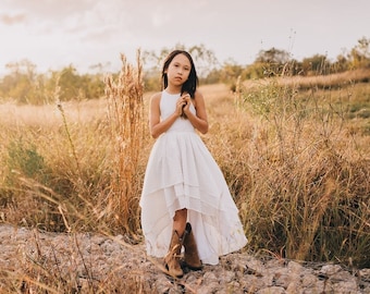 Country Flower Girl Dress, Hi Low Toddler Boho Dresses, Long Halter Maxi Dress, Tween Bridesmaid Dress, Rustic Beach Wedding, BREEZY