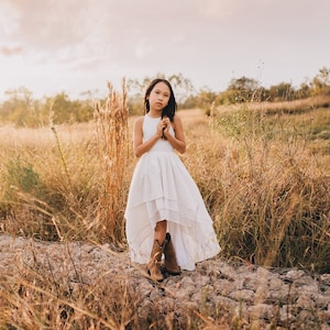 Country Flower Girl Dress, Hi Low Toddler Boho Dresses, Long Halter Maxi Dress, Tween Bridesmaid Dress, Rustic Beach Wedding, BREEZY