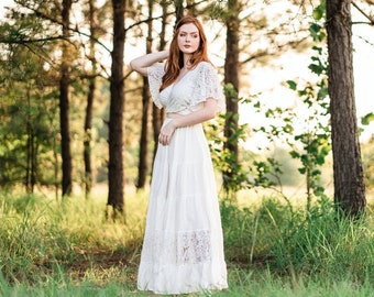 Simple Elopement Maxi Dress Whimsical Countrycore Wedding Dress Long White Flowy Photoshoot Dress Summer Hippie Beach Dress M L XL 2X HAVEN