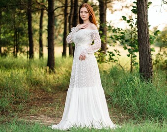 Romantic Flowy Wedding Gown, Affordable Wedding Dress, Boho White Lace Maxi Dress, Unique Bridal Dress, Fall Wedding, Angelica