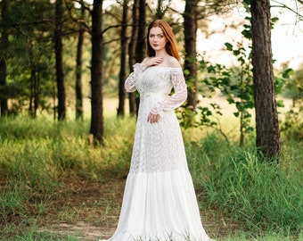 LDS Wedding Dress Modest Wedding Gown Flowy Lace & Chiffon Bridal Gown with Sleeves 1970s Inspired Wedding Angelica