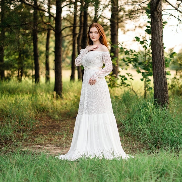 LDS Wedding Dress Modest Wedding Gown Flowy Lace & Chiffon Bridal Gown with Sleeves 1970s Inspired Wedding Angelica