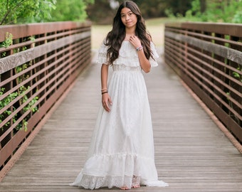 Girl Flowy Lace Gown Youth Boho Maxi Dress Cottagecore Off the Shoulder Ruffle Flower Girl Dress Hippie Tween Bridesmaid Dress  ANABELLE