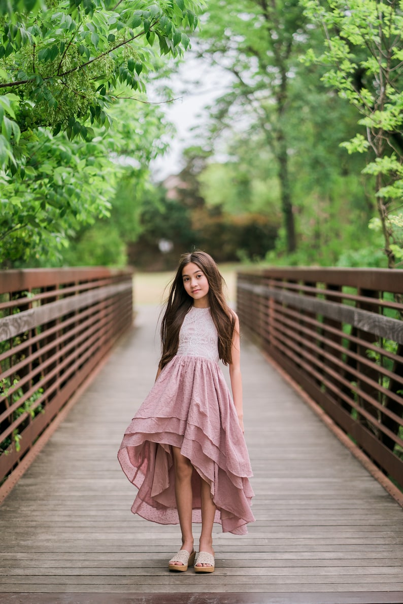 Kids Bohemian Summer Dress, Rustic Flower Girl Dress, Tween Junior Bridesmaid Dress, Dusty Pink, Beach Flower Girl, High Low Dress, BREEZY image 2