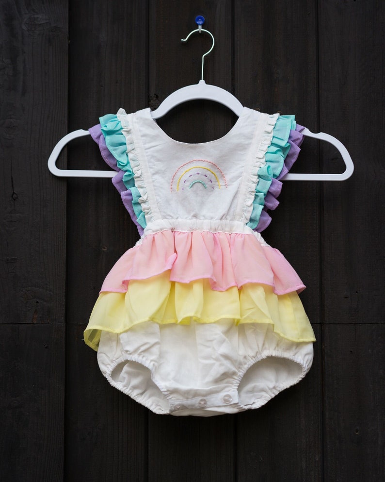Rainbow Baby 1st Birthday Outfit, Linen Toddler Summer Pinafore, Vintage Baby Bubble Romper, Cake Smash Outfit, Over the Rainbow image 5