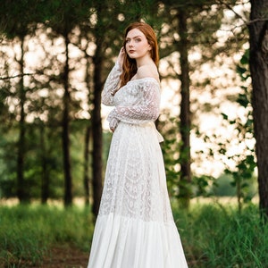 Rustic Lace Wedding Dress Plus Size Wedding Gown Long Flowy Off the Shoulder Bridal Dress Winter Wedding Dress Angelica image 10