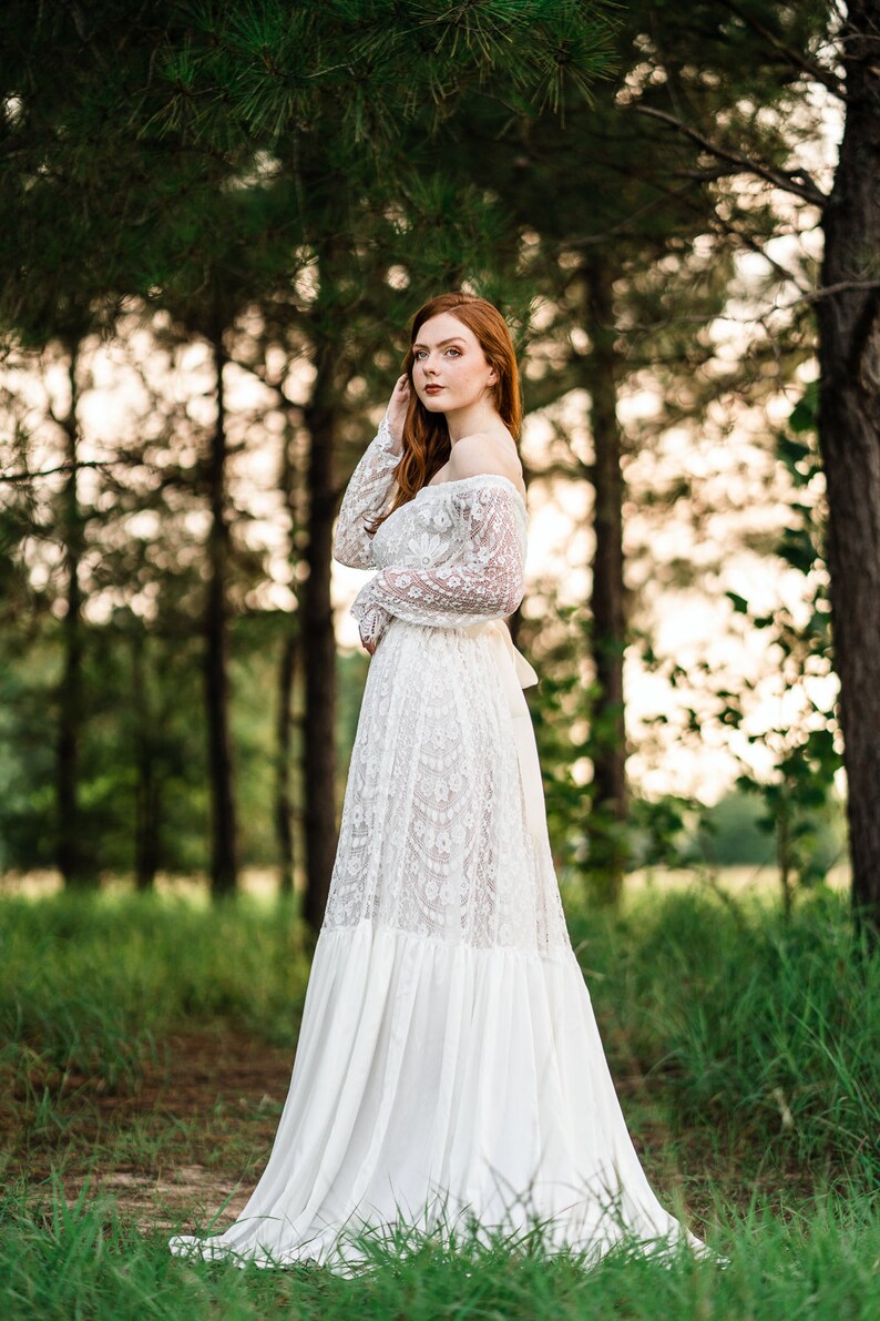 Rustic Lace Wedding Dress Plus Size Wedding Gown Long Flowy Off the Shoulder Bridal Dress Winter Wedding Dress Angelica image 10