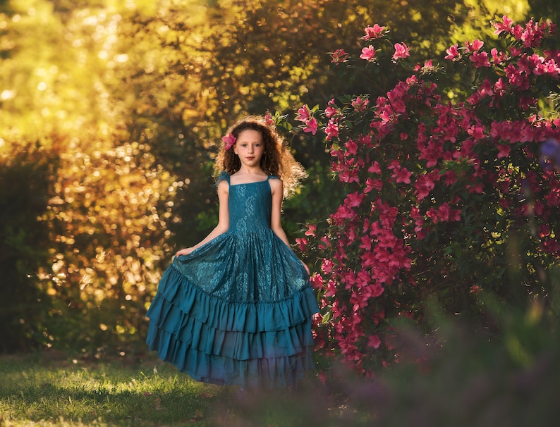 Teal Blue Girls Pageant Dress Princess Couture Woodland Fairy Dress Peacock Blue Winter Flower Girl Lace Maxi Dress Rustic Wedding Versaille