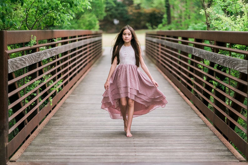 Kids Bohemian Summer Dress, Rustic Flower Girl Dress, Tween Junior Bridesmaid Dress, Dusty Pink, Beach Flower Girl, High Low Dress, BREEZY image 7