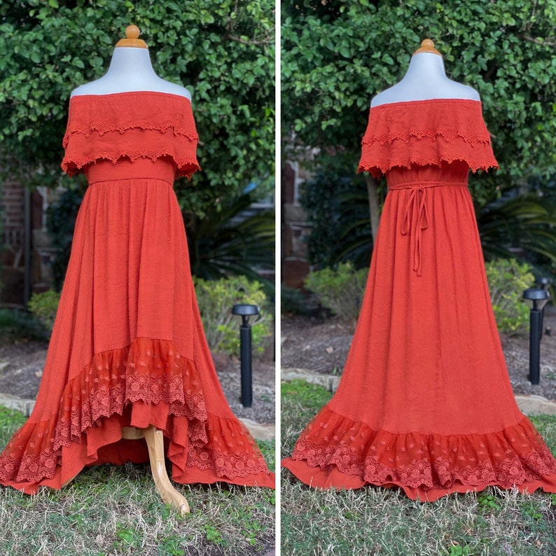 Burnt Orange Jr Bridesmaid Dress, Fall Flower Girl Dress, Bohemian Off the Shoulder Dress, Hippie Girl Maxi Dress, Rusty Orange Dress ISLA image 2