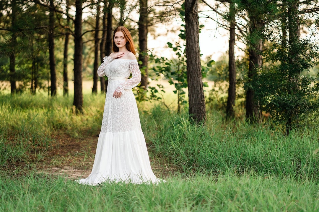 Romantic Flowy Wedding Gown, Affordable Wedding Dress, Boho White Lace ...
