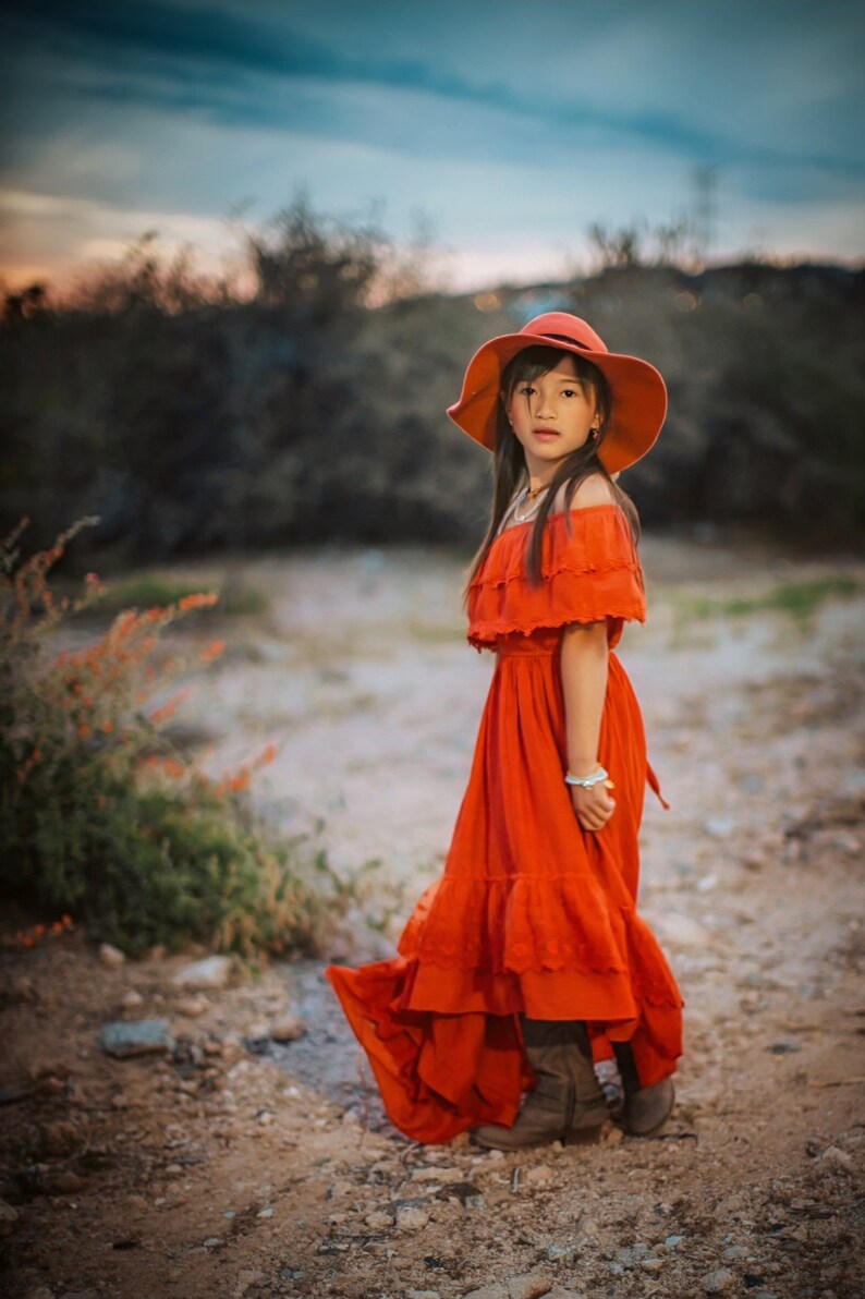 Burnt Orange Jr Bridesmaid Dress, Fall Flower Girl Dress, Bohemian Off the Shoulder Dress, Hippie Girl Maxi Dress, Rusty Orange Dress ISLA image 7