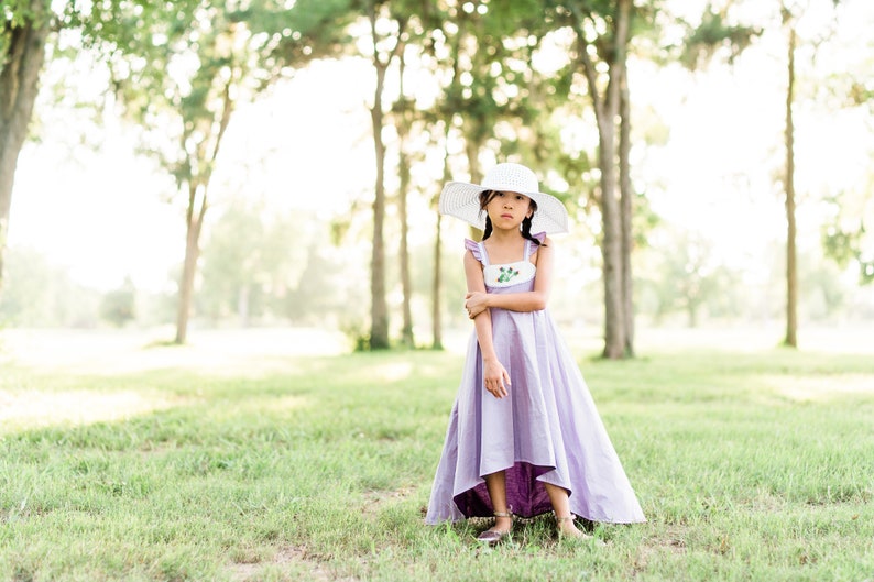 Lavender Purple Easter Dress Heirloom Summer Floral Dress Floral Embroidery Little Girls Twirl Dress Cotton High Low Dress Spring Bloom