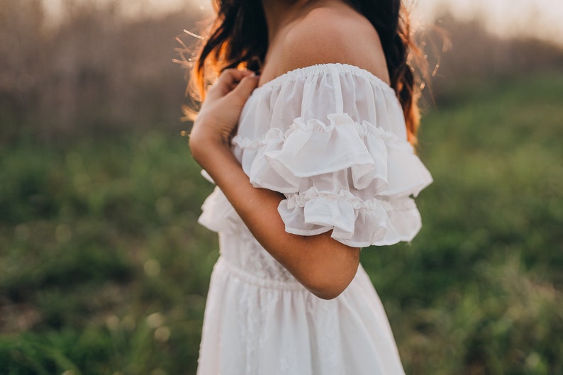 Boho Beach Off Shoulder Junior Bridesmaid Embroidered Maxi Dress Country Off White Flower Girl Dress with Sleeves ANABELLE image 9