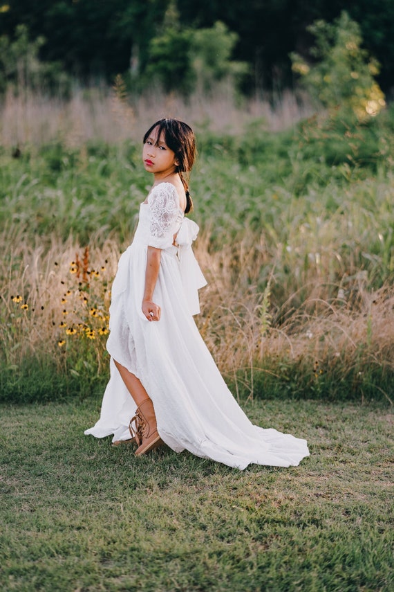 Bohemian Lace White Flower Girl Dress Puff Sleeves Girl Etsy