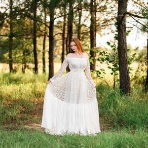 Rustic Lace Wedding Dress Plus Size Wedding Gown Long Flowy Off the Shoulder Bridal Dress Winter Wedding Dress Angelica image 4