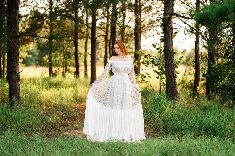 Rustic Lace Wedding Dress Plus Size Wedding Gown Long Flowy Off the Shoulder Bridal Dress Winter Wedding Dress Angelica image 4